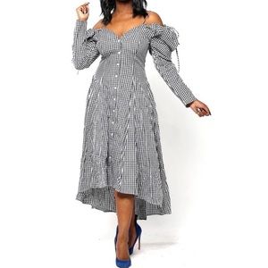 Checkered Off Shoulder Puff Sleeve Black and White High Low Dress